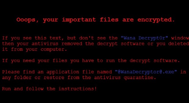 La schermata che appare al posto del desktop in un sistema infettato dal virus "WannaCry"