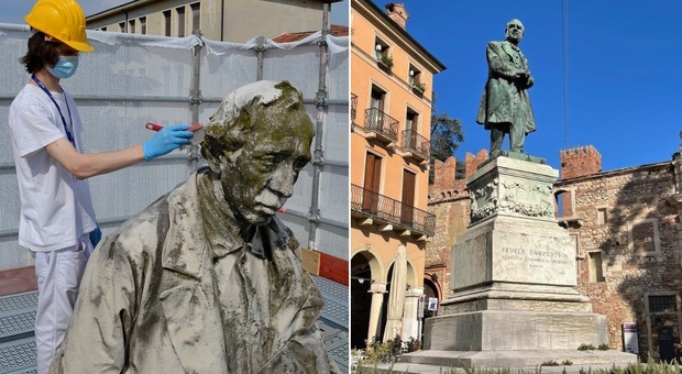 La statua in bronzo di Lampertico durante i restauri e dopo