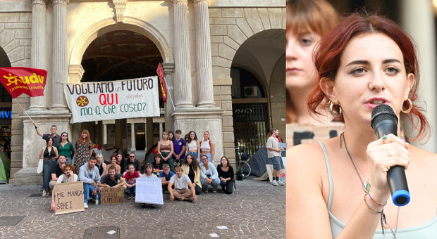 Studenti di Padova in protesta. A destra la rappresentante Emma Ruzzon