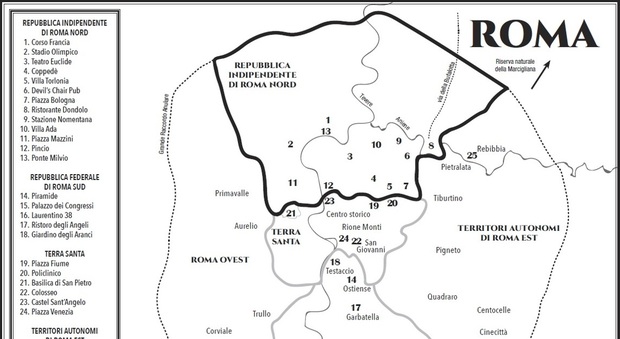 La carta geografica di Roma pubblicata all'interno del romanzo "La guerra di indipendenza di Roma Nord" di Claudio Delicato (edito da Mondadori)