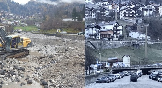 Il parcheggio di Alleghe dopo l'alluvione e oggi, ripulito in tempo record