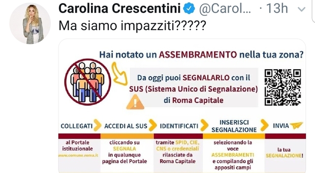 Carolina Crescentini contro Virginia Raggi e l'iniziativa che invita i cittadini a segnalare assembramenti: «Siamo impazziti?»