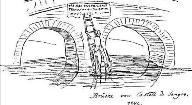 Theodor Mommsen ispeziona l’iscrizione del Ponte della Maddalena a Castel di Sangro nel settembre del 1846 (disegno di J. Friedländer).