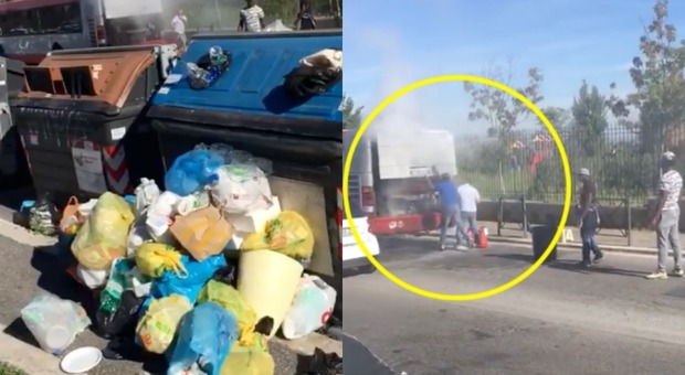Roma, un altro autobus in fiamme e rifiuti fuori dai cassonetti: il video della «ordinaria follia»