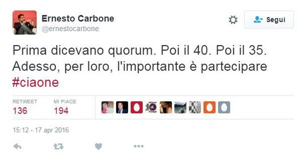 Referendum trivelle, Carbone su Twitter: "Ciaone". E scoppia la polemica nel Pd