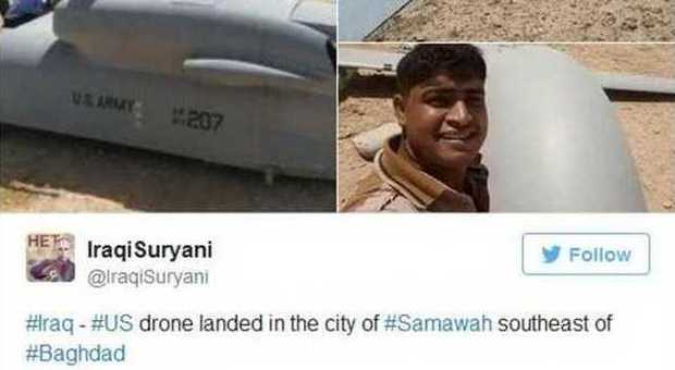 Uno deti tweet che mostra le immagini del drone USA abbattuto a Samawah in Iraq