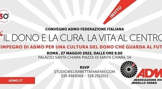 Roma, venerdì 27 maggio l'evento per i 30 anni di ADMO «Il dono e la cura, la vita al centro»