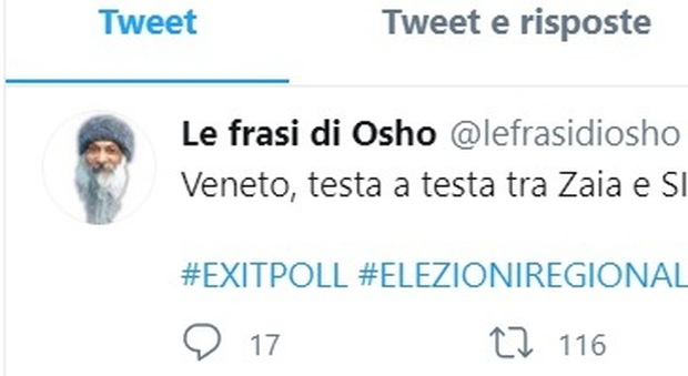 Elezioni regionali, Osho e la satira su Twitter: "Veneto, testa a testa tra Zaia e Sì"