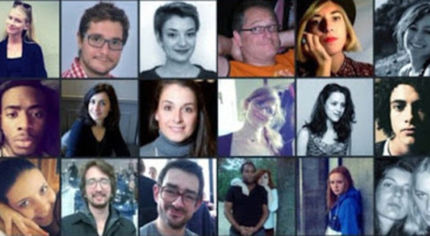 Un collage delle immagini postate su twitter dai parenti di persone ancora disperse a Parigi