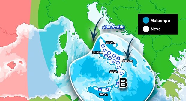 Dove nevica domani, dal Lazio fino alla Sicilia: la cartina