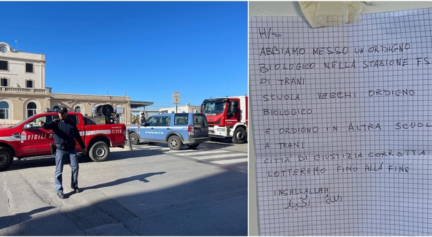 Allarme bomba a Trani: scuole chiuse e treni fermi. Il biglietto di minacce con firma islamica: «Lotteremo fino alla fine»