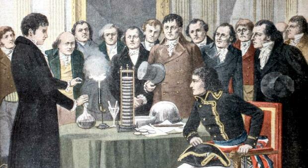 La rappresentazione di Alessandro Volta che mostra la sua pila a Napoleone