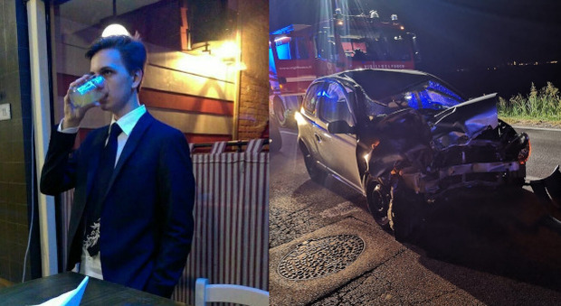 Nicolas Maritan (foto da suo profilo Fb) e l'auto dopo l'impatto