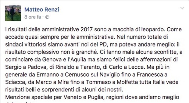 Renzi su Facebook minimizza la sconfitta: "Voto locale, le politiche sono un'altra cosa"