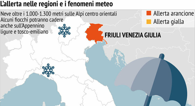 Maltempo a Nordest, fiumi a rischio in Veneto, allerta arancione in Friuli e forti nevicate in Trentino