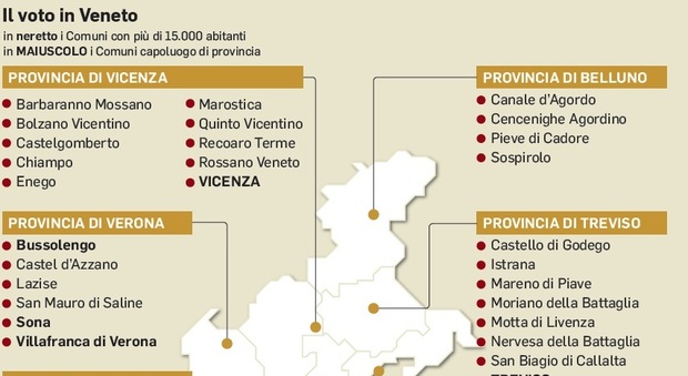 Il voto in Veneto. I comuni coinvolti e le sfide /Mappa
