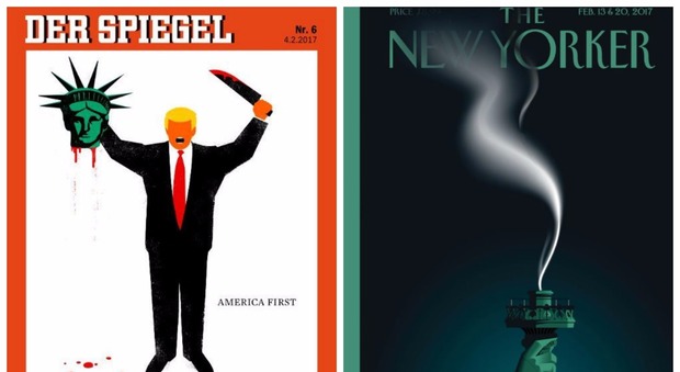 Su Der Spiegel la Statua della Libertà “decapitata” dagli editti di Trump. E sul New Yorker la fiaccola è spenta