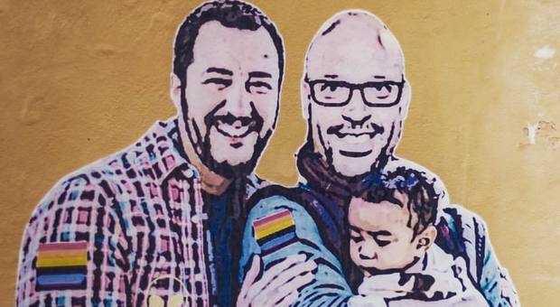 Salvini e Fontana, famiglia arcobaleno su un murales apparso a Lucca