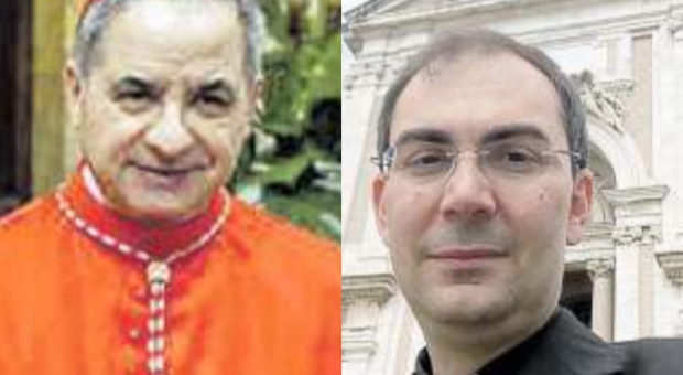 L'ex cardinale Angelo Becciu. A destra, il suo segretario don Mario Carlino