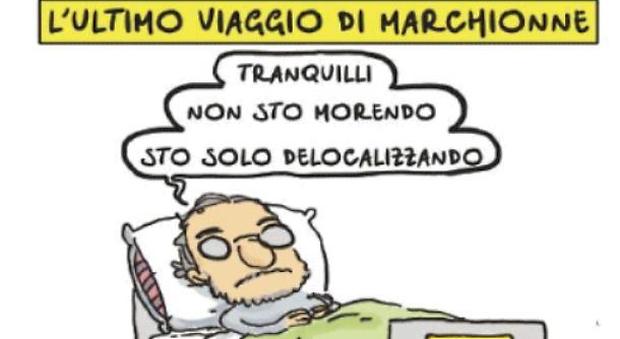 Marchionne, la vignetta che scatena le polemiche social: «Non sto morendo, sto solo delocalizzando».