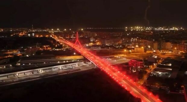 Fumogeni rossi illuminano il ponte Adriatico: omaggio a San Nicola dagli ultras biancorossi. Video