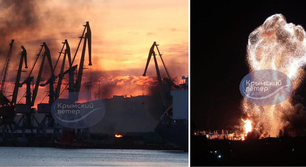 La nave russa Novocherkassk distrutta dagli ucraini nel porto di Feodosia: trasportava droni iraniani
