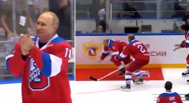 Vladimir Putin star dell'hockey su ghiaccio, ma poi cade e rischia di farsi malissimo