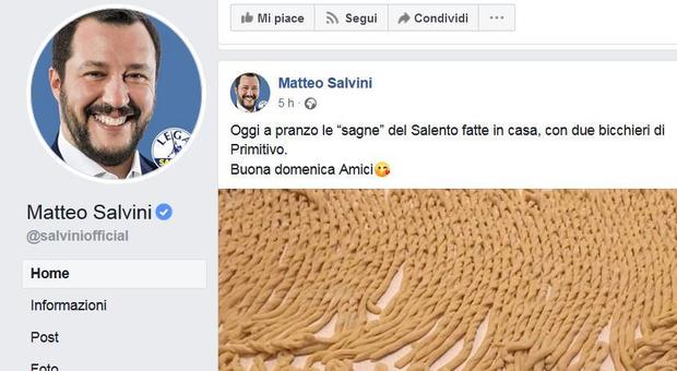 E Salvini posta "sagne" e primitivo del Salento