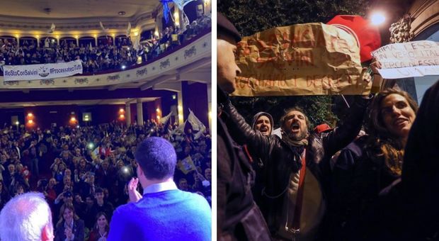 Salvini, convention e selfie a teatro a Palermo. Fuori la contestazione con urla delle Sardine