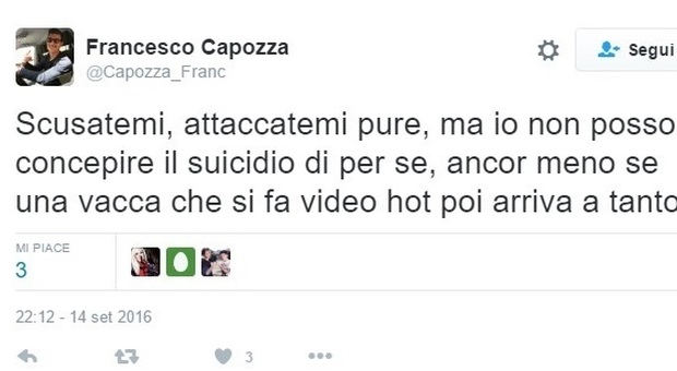 Tiziana, il tweet choc del n° 2 del Corecom marchigiano: «La vacca si è suicidata»