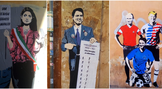 Roma, nuovi murales: Conte, la Lista per l'Italia e il Tridente con Trump e Putin E spunta Raggi: «Viva le buche»