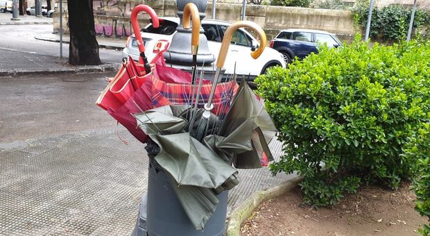 Tra le vittime del vento anche gli ombrelli: una vera e propria "strage". Cestini dei rifiuti stracolmi