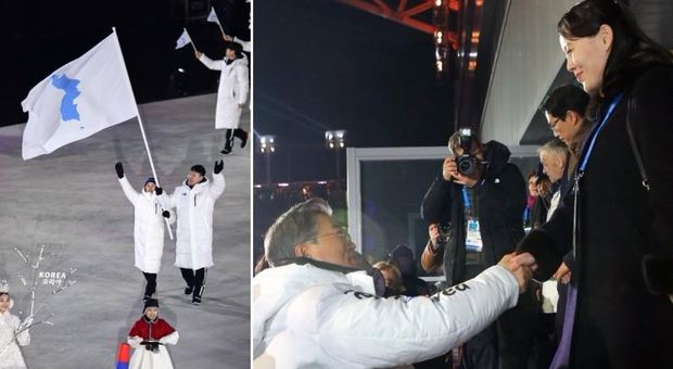 Via ai Giochi invernali: le due Coree sfilano insieme. Stretta di mano tra Moon e la sorella di Kim