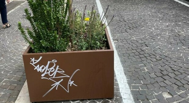 Le nuove fioriere del centro di Pesaro subito imbrattate con le scritte