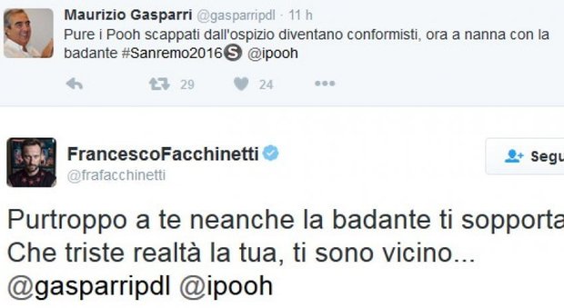 Pooh a Sanremo, tweet di botta e risposta tra Gasparri e Francesco Facchinetti