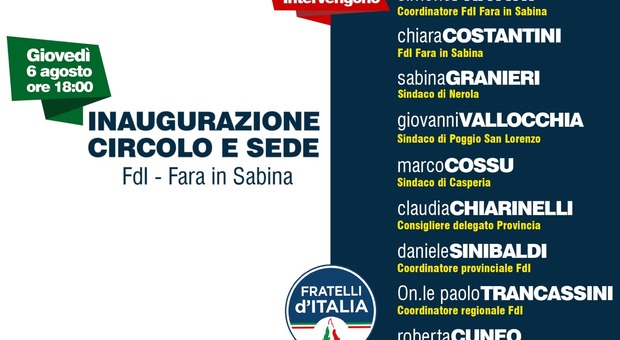 Rieti, giovedì 6 agosto Fratelli d'Italia inaugura il circolo di Fara Sabina