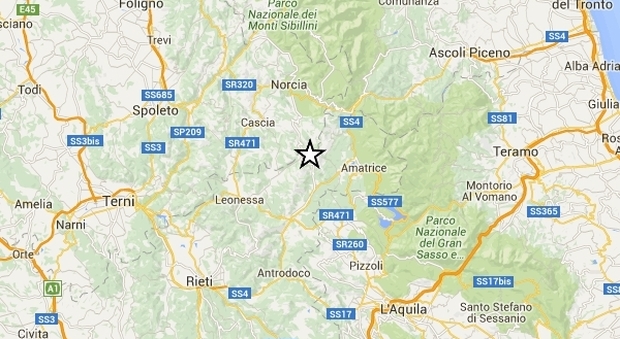 L'area del sisma dal sito dell'Ingv