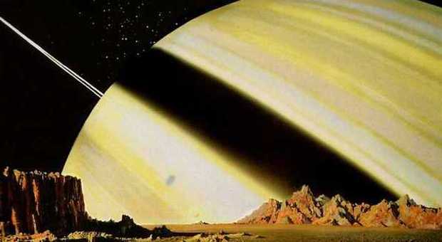 Una visione immaginaria di Saturno visto da uno dei suoi satelliti