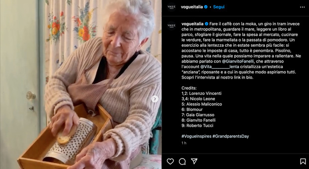 Lo screen al post Instagram di Vogue Italia che riprende un video di zia Antonietta, girato dal nipote Lorenzo Vincenti.