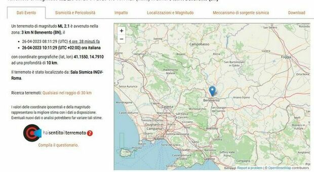 Terremoto con epicentro a Benevento