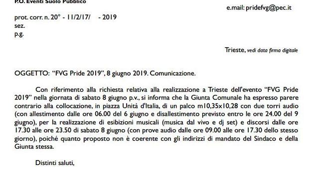 La comunicazione ufficiale del Comune di Trieste che nega la concessione di Piazza Unità