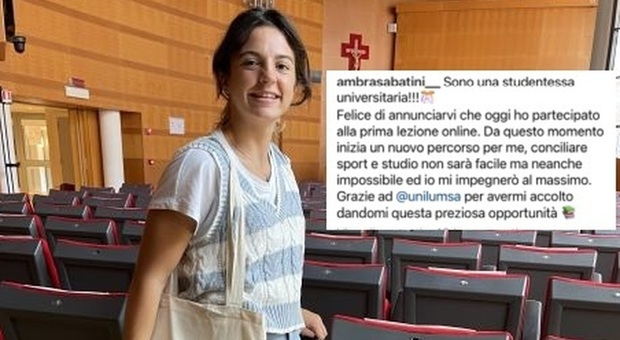 Ambra Sabatini durante la visita alle sedi dell'Università Lumsa e il post fatto su Instagram