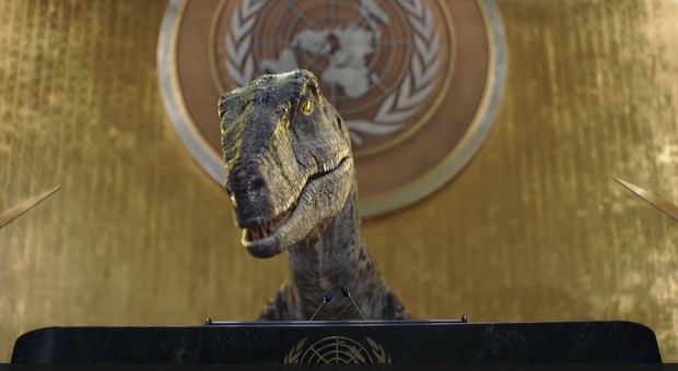 Frankie il dinosauro, parla all'assemblea delle Nazioni Unite (immag e video diffuse sui social e You Tube da United Nations e United Nations Development Programme).
