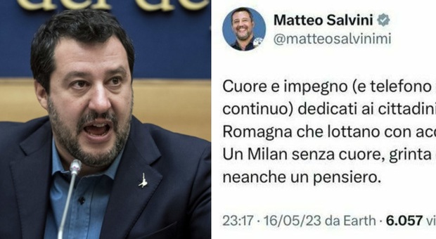 Matteo Salvini, il tweet (cancellato) scatena le polemiche: «Il mio cuore per chi lotta nel fango. Il Milan non merita un pensiero»