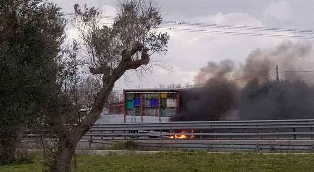 Camion prende fuoco lungo la statale: panico e traffico in tilt