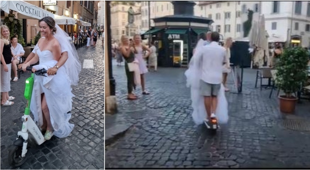 Sposi in monopattino elettrico a Roma, lei in ciabatte e lui vestito con i bermuda: il video