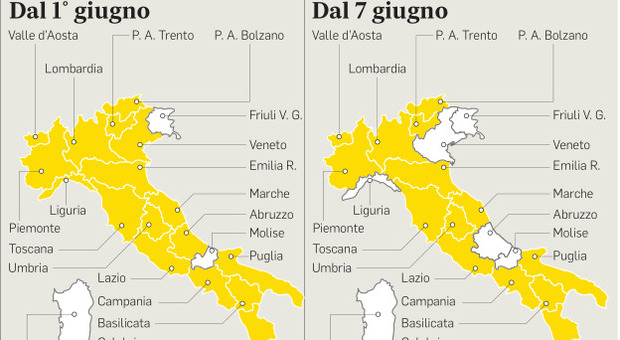 Nuovo decreto, l’Italia verso la normalità, coprifuoco dalle 23 da domani, zona bianca in sei regioni