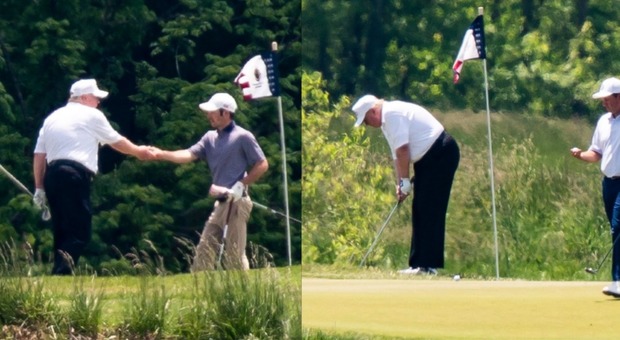 Trump gioca a golf in piena pandemia: strette di mano e niente mascherina. E negli Usa le vittime sono quasi centomila