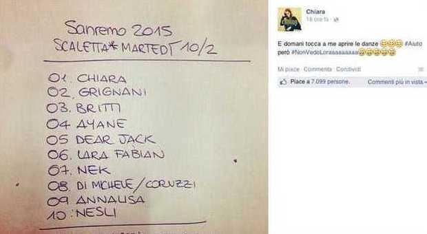 Sanremo, la prima a cantare sarà Chiara. La scaletta su Fb: "Tocca a me aprire le danze"