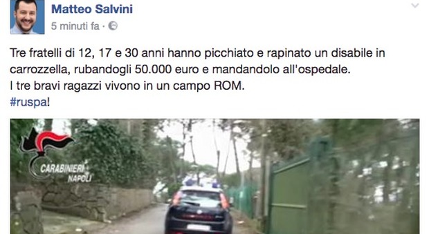 Rapinarono e picchiarono disabile Salvini si scaglia contro i tre rom